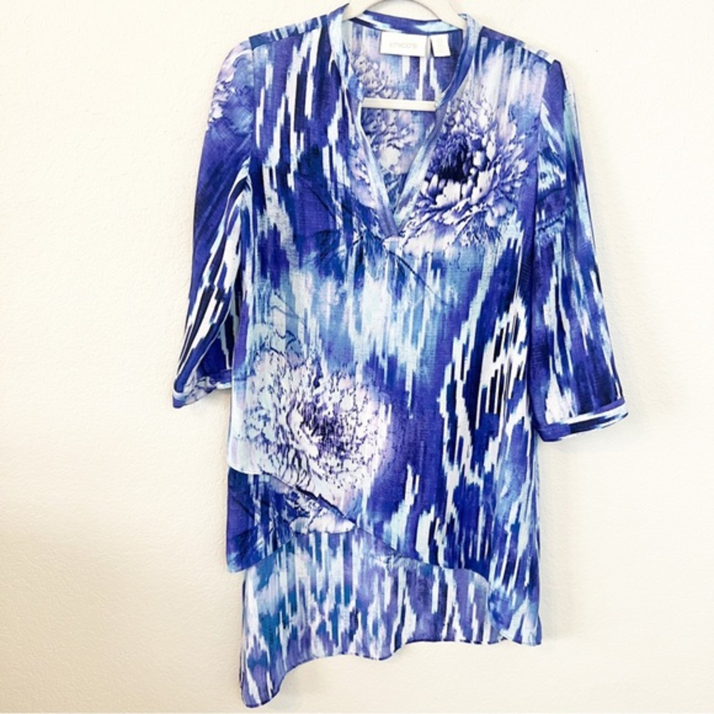 Chico's Sheer Watercolor Asymmetrical Tunic Blue